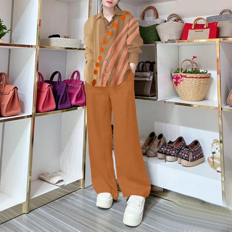 

ZANZEA Жіноча блуза з довгим рукавом з принтом та штани Повсякденні комплекти-двійки 5XL помаранчевий