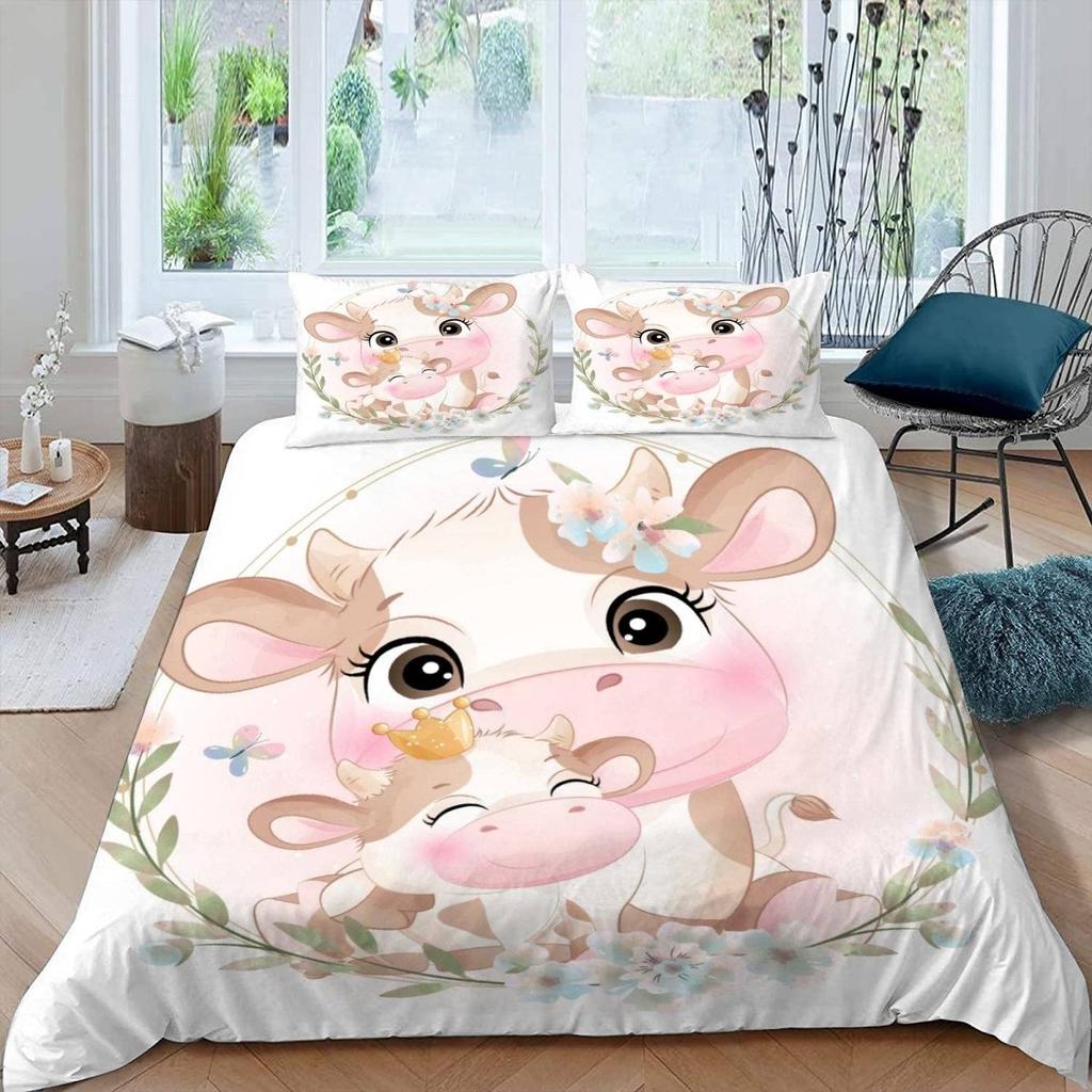 Cute Cows Duvet Cover Set Kawaii Farm Animal Bedding Set Microfiber Floral Comforter Cover Twin King For Kids Boys Girls Decor