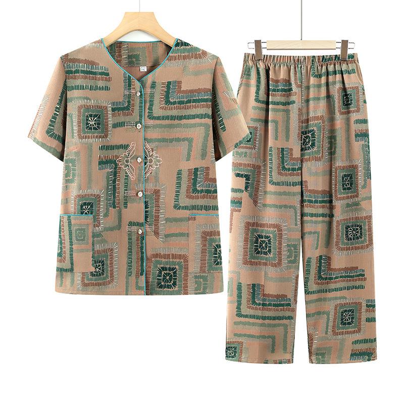 

Grandma s Chinese Style Summer Two-Piece Set: Loose, Lightweight, Breathable, Large Size, Seven-Point Sleeve. 2XL (115-125 lbs)
