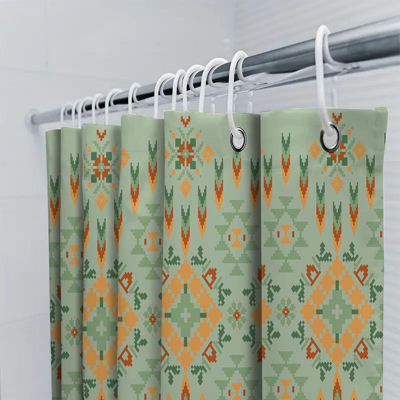 Modern Bohemian Geometric Bathroom Shower Curtain Set In Green Orange Decorative Fabric Waterproof Bath Mat 70X180Cm