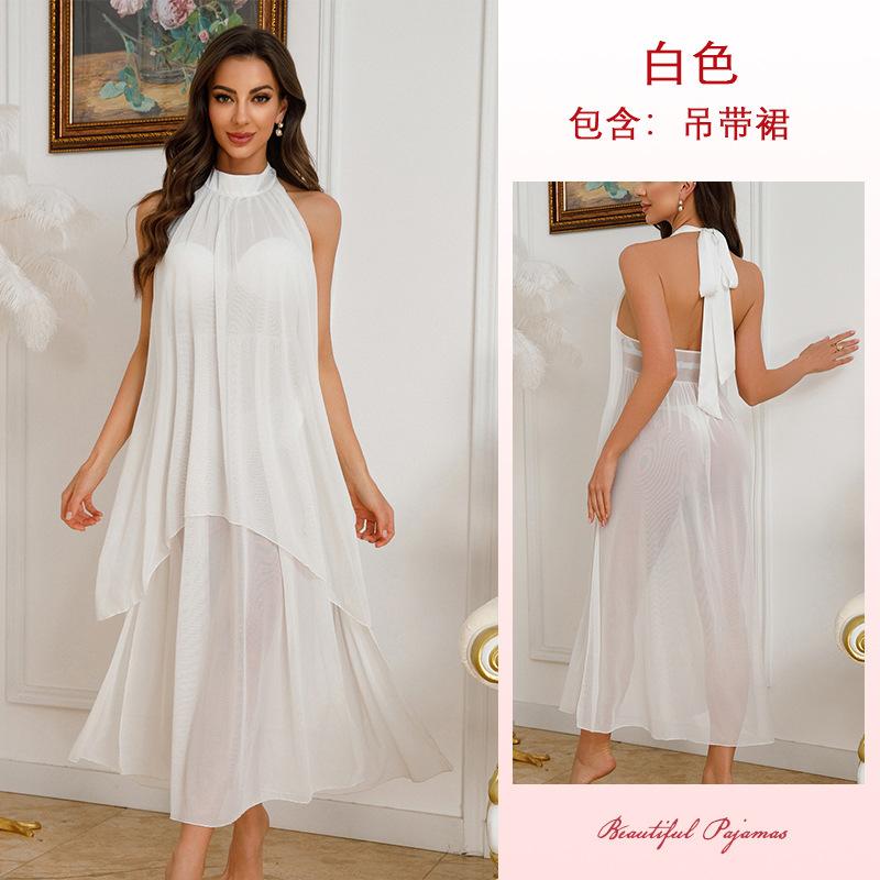 Multi-Style Sexy Lace Mesh Nightgown Deep V High Slit Print Cami Pajamas Women's Loungewear Versatile Seductive Sleepwear Collection with Diverse