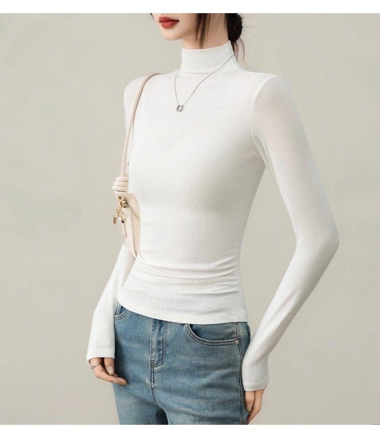 2025 New Style Women's Black High Neck Velvet Base Layer Shirt - Slim Fit Long Sleeve for Autumn/Winter