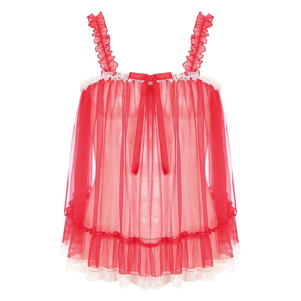 Mens Sheer Mesh Camisole Ruffled Straps Bow Accent Lace Trim Crossdressing Slip Top Clubwear