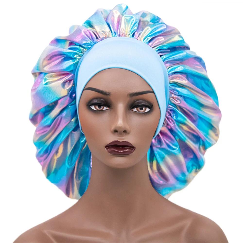 Women Large Sleeping Cap Laser Color Satin Elastic Bonnet Silky Bonnets Muslim Hijabs Lady Shower Cap Beauty Hair Care Cap