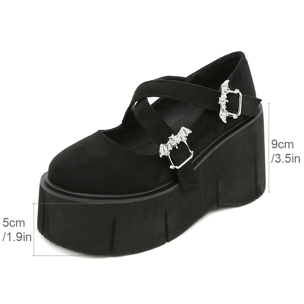 Gdgydh Damskie Gotyckie Buty Mary Jane na Platformie Gruba Podeszwa Wodoodporne Obcasy na Platformie Krzyżowe Klamry Koturny Klamra w Kształcie Nietoperza