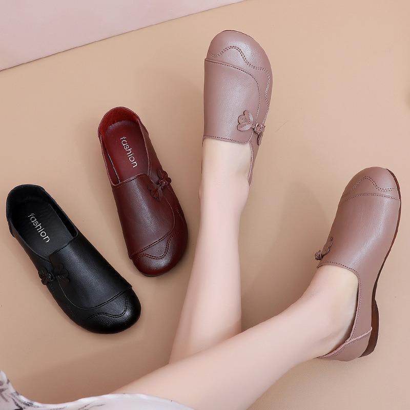 Shoes Single Shoes Soft Sole Comfortable Non-slip Medium Leather Shoes Flat Sole Medium the Elderly Women's Shoes Spring and Autumn Models