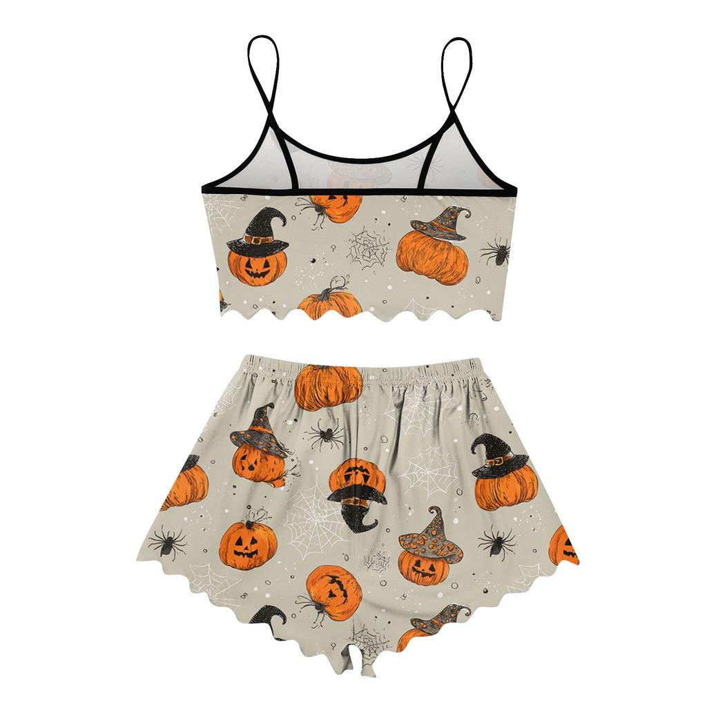 Women's Halloween Set With Retro Floral Print Suspender Sleeveless Vest Shorts Pajama Set