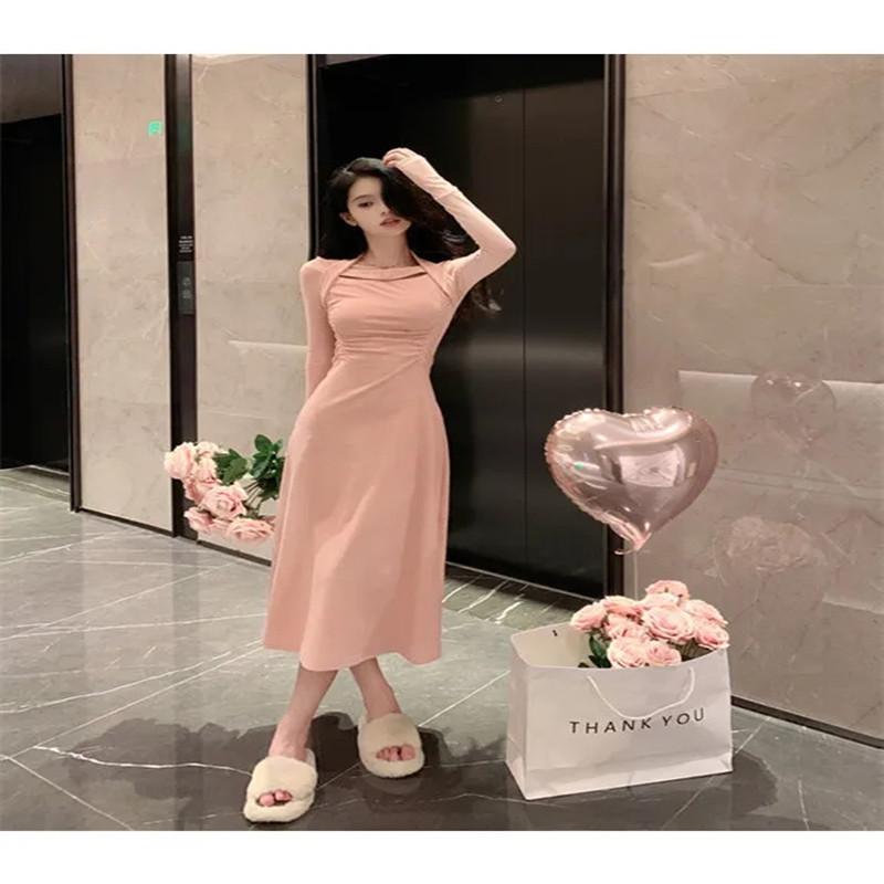 Autumn new design sense chic stunning dating dress high waist thin temperament gray long skirt