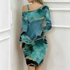 Women Plus Size Asymmetric Cold Shoulder Long Sleeve Blue Purple Gold Fluid Art Print Irregular Wrap Bodycon Midi Dress