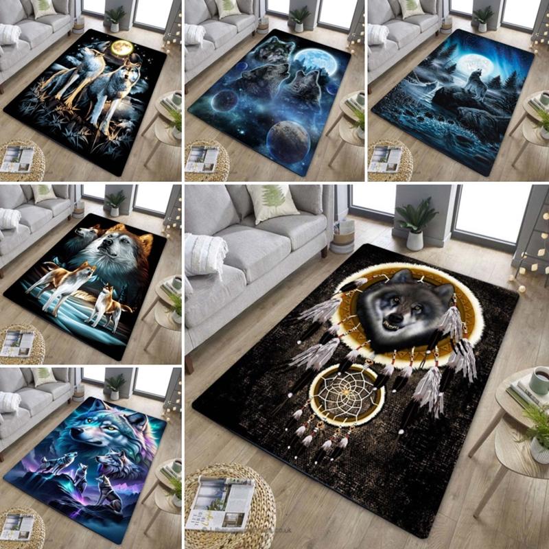 1 Stück Stilvoller Wolf Traumfänger Muster Anti-Rutsch Küchenteppich für Küche Wohnzimmer Schlafzimmer Waschbarer Flanell Teppich
