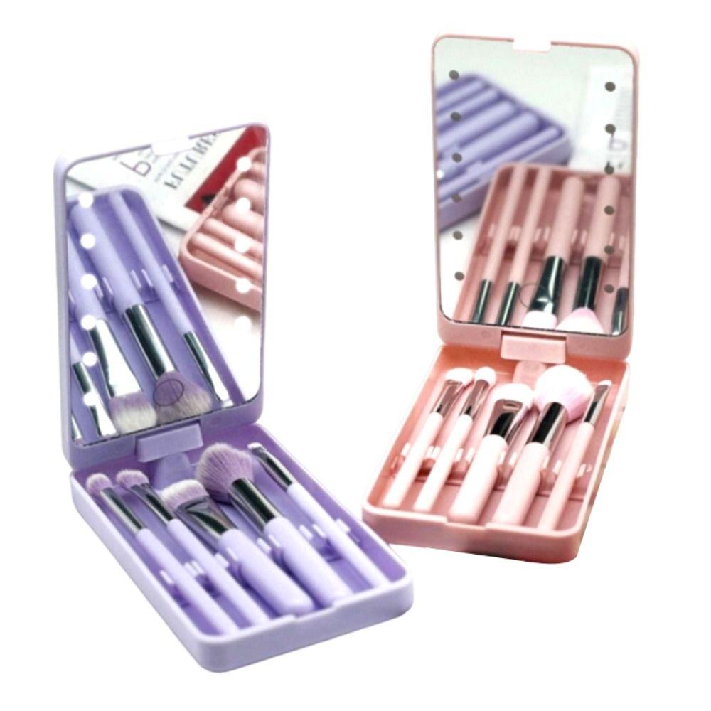 Rotatable Mirror Travel Makeup Brush with Light Adjustable Brightness with 5pcs Brush LED Makeup Mirror Brush Set Foldable