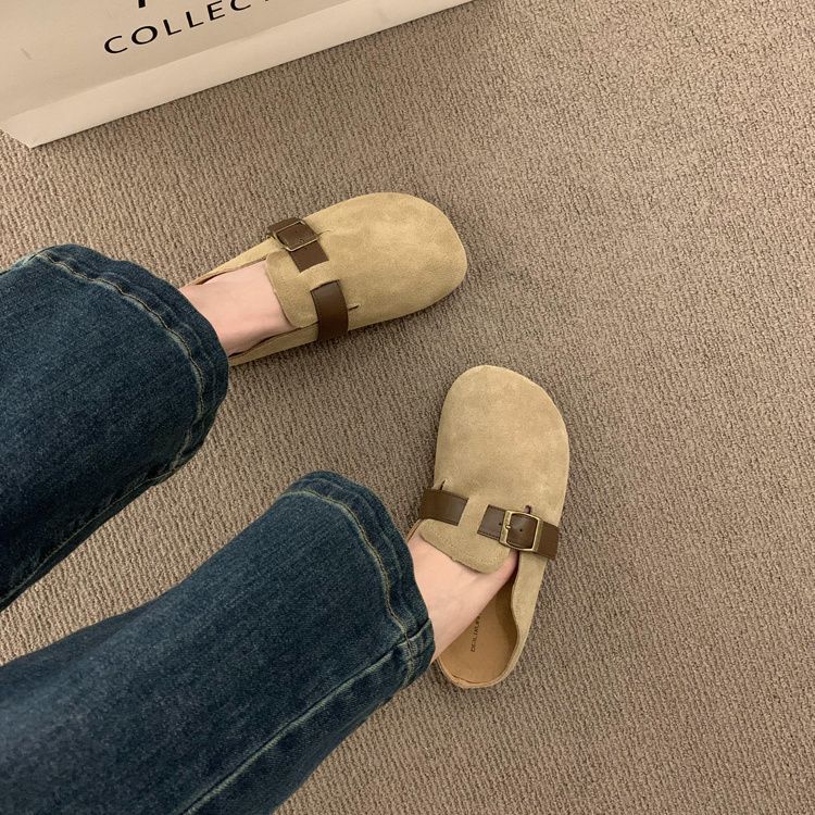 

Platform soft leather Boken shoes women s shoes 2025 new casual bag head half slippers wear retro lazy single shoes 40 абрикосовый