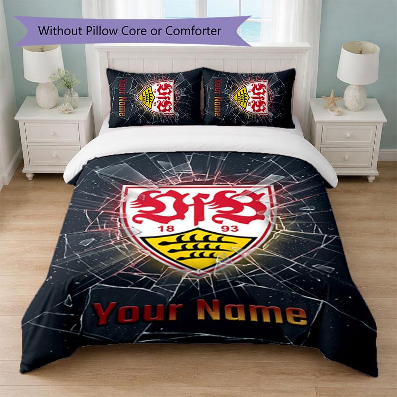 Set Biancheria da Letto Personalizzato VfB Stuttgart FC con Nome Testo 1 Copripiumino+2 Federe Logo Calcio Regalo Personalizzato per Occasioni Speciali Decorazione Camera da Letto