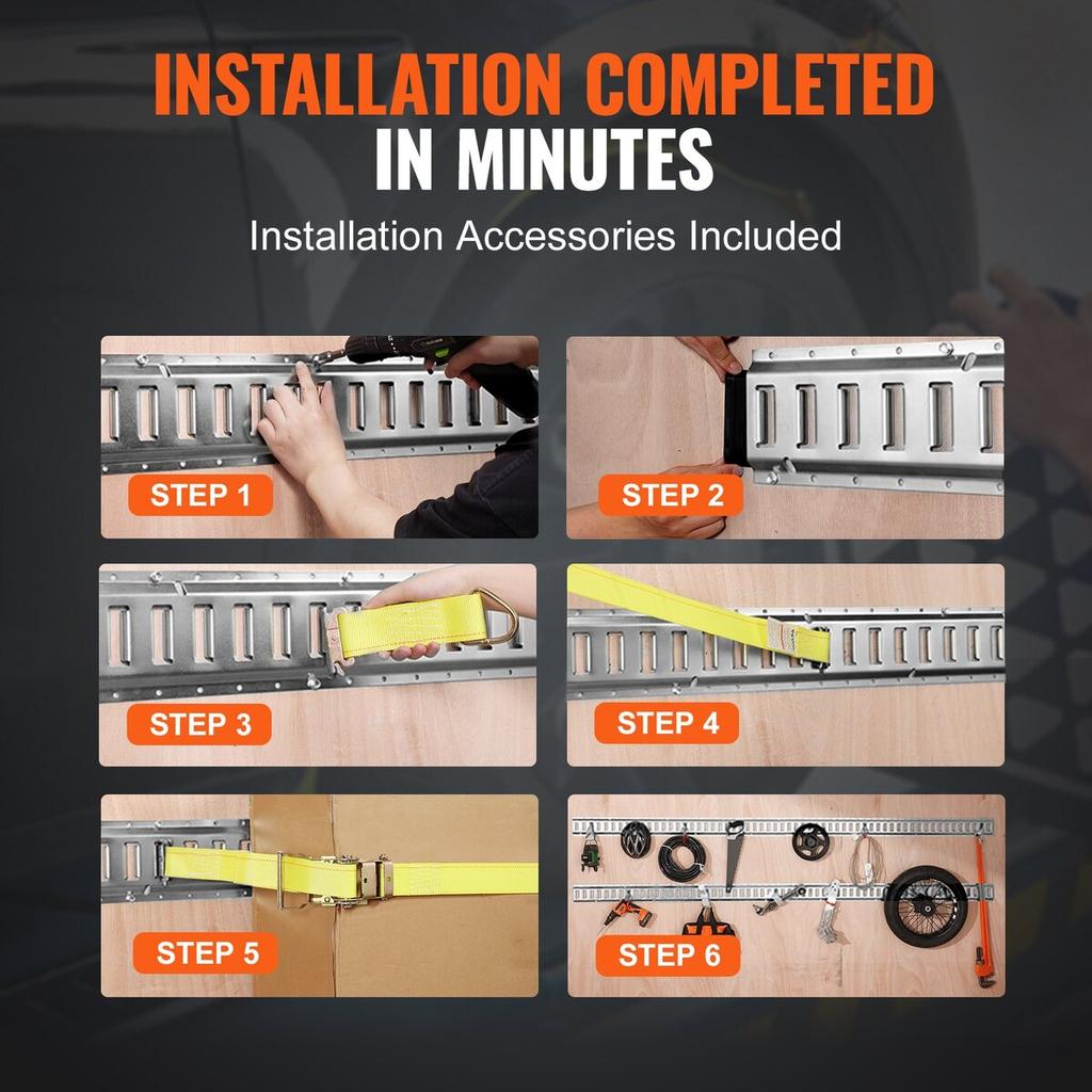 Kit de rail d'arrimage E-Track, Ensemble de 24 pièces de 5' de rails E comprenant 8 rails en acier et 8 ancrages à anneau O et 8 sangles d'arrimage avec anneau en D, Accessoires d'arrimage polyvalents
