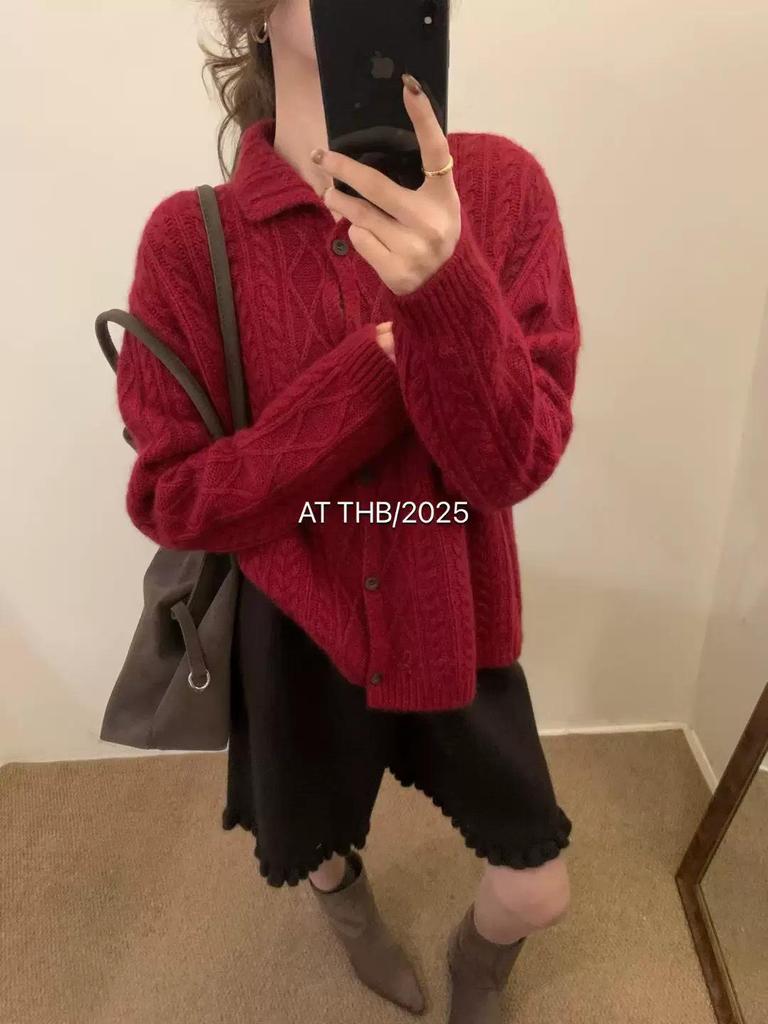 2025 Autumn/Winter Women's Versatile Lapel Cable Knit Wool Cardigan - Loose Slimming Fit Sweater