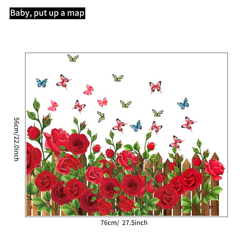 Romantic Red Roses and Butterflies Wall Stickers with Green Plants for Bedroom Entrance Hallway Home Decor