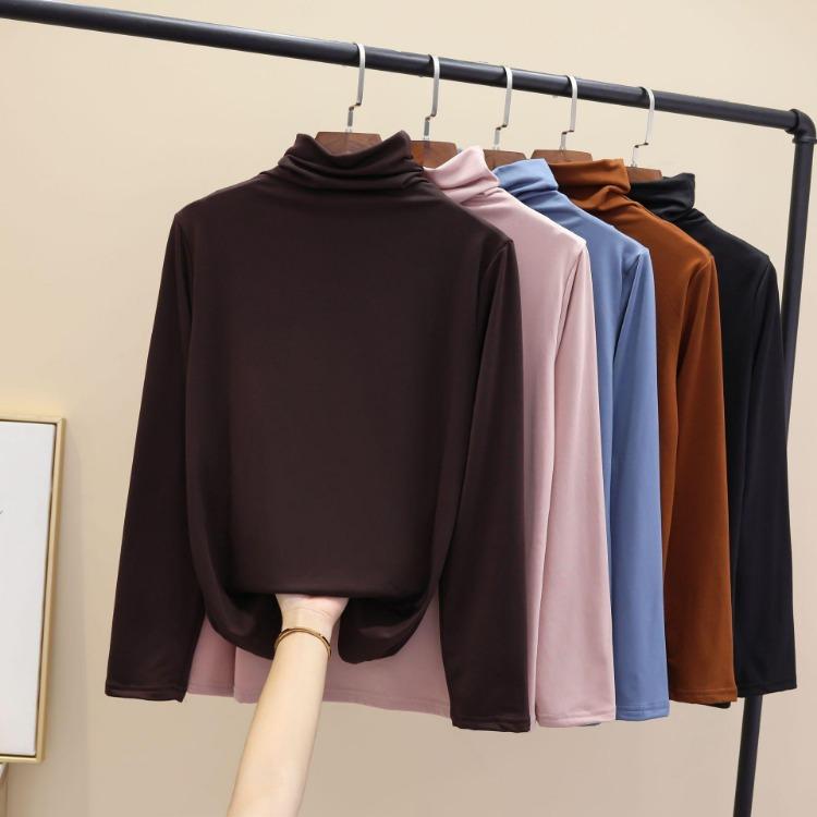 Ladies Winter Tops Women Slim Fit Long Sleeve Thick Tshirt Semi High Neck Underwear for Autumn