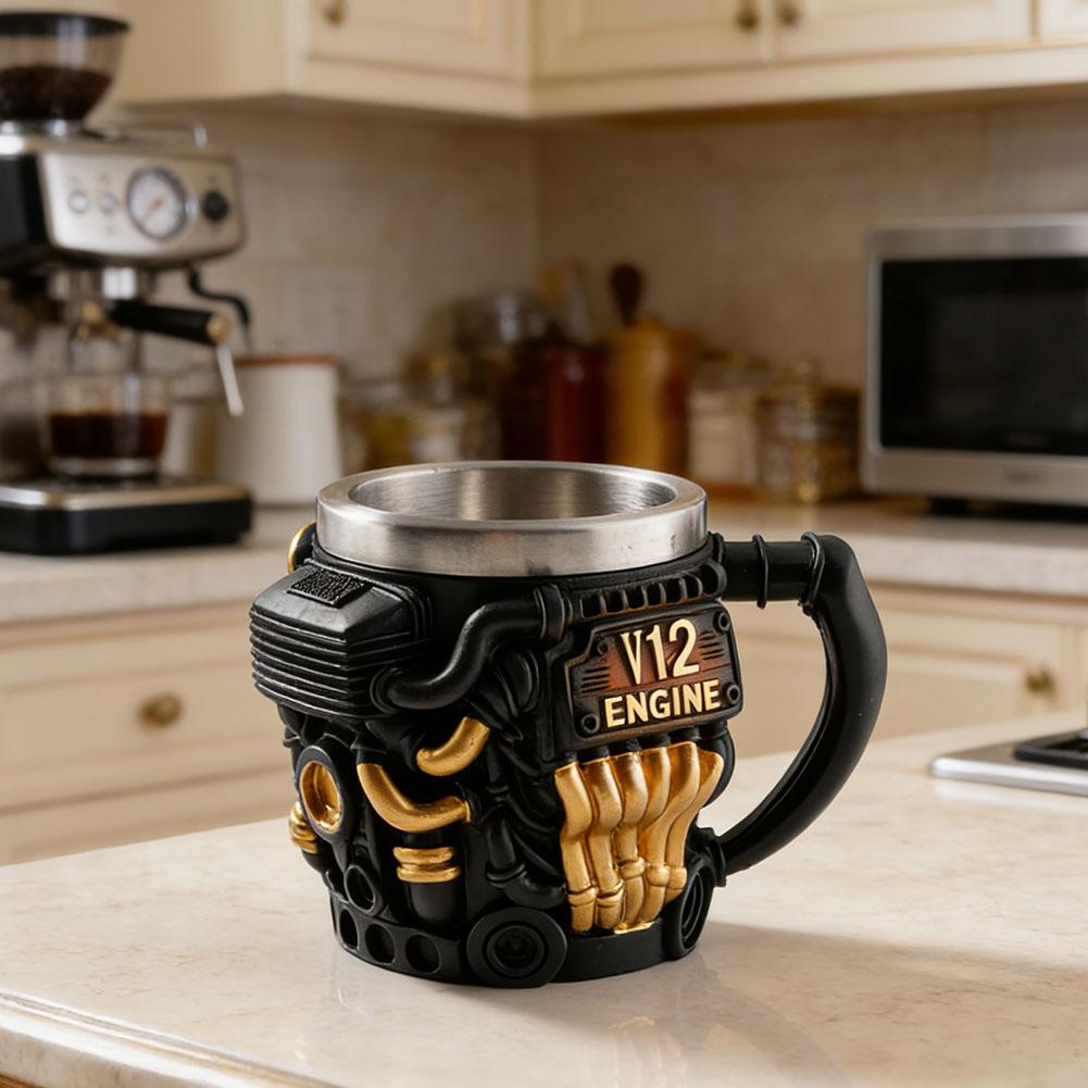 V12 Engine Design Stainless Steel Resin Coffee Cup Unique 3D Tea Mug For Car Enthusiasts For Home & Office