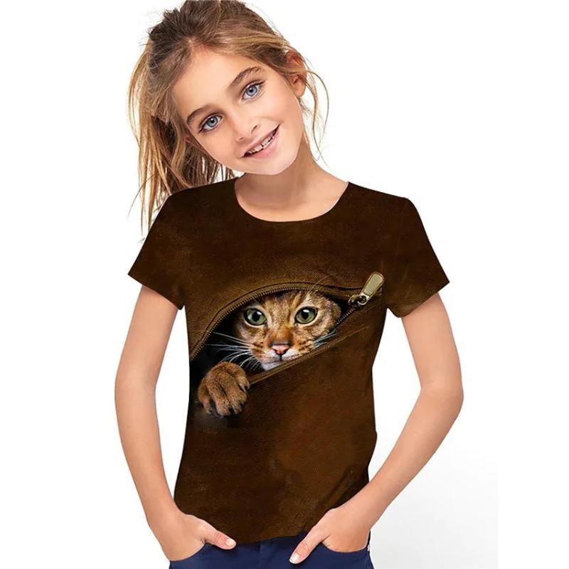Cat Print T-shirt, Summer Casual Short Sleeved Round Neck Top for Children and Girls, As A Gift Top