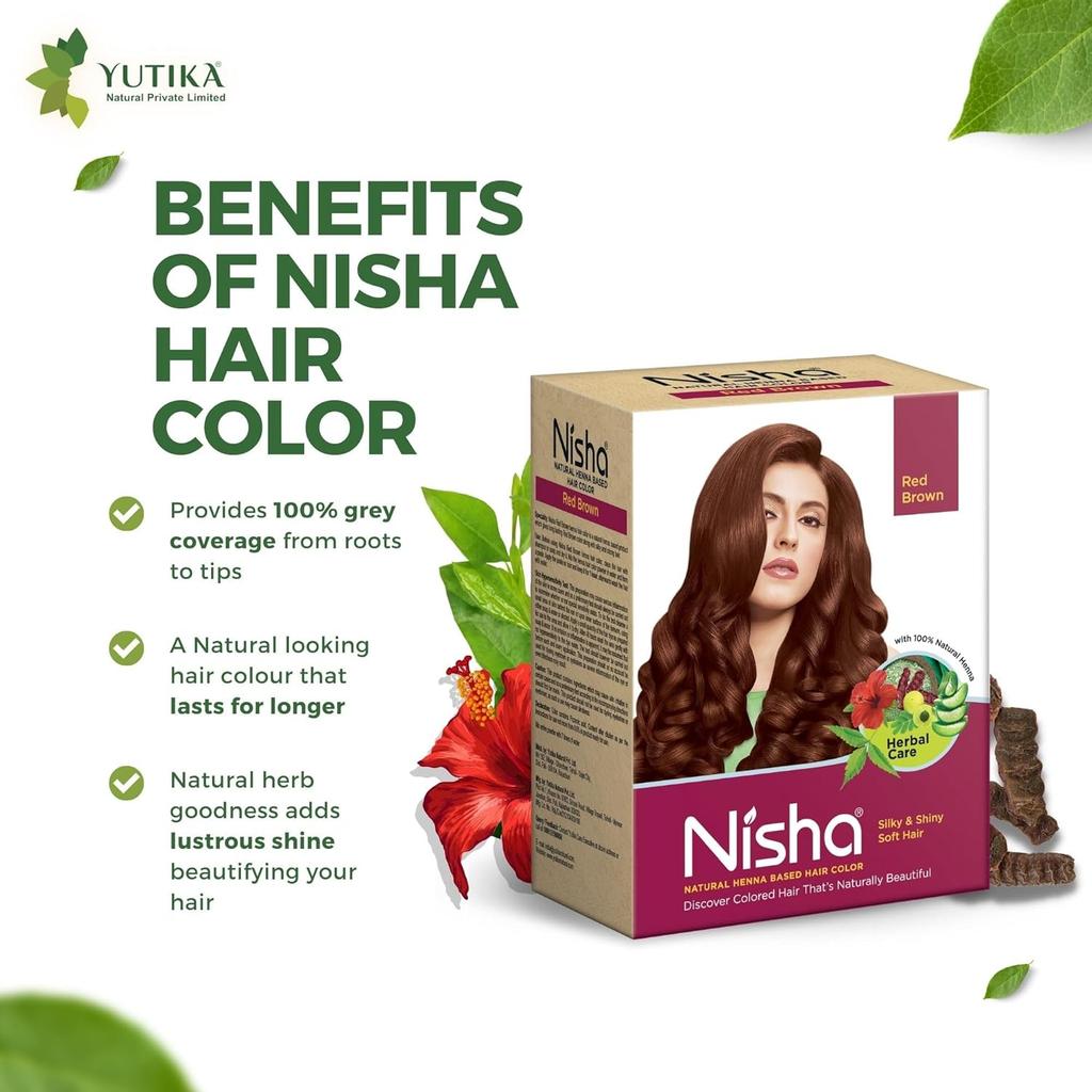 Nisha Natural Henna Hair Colour Red Brown 90g Pack of 1 Herbal Semi-Permanent Hair Dye for Silky Shiny Hair
