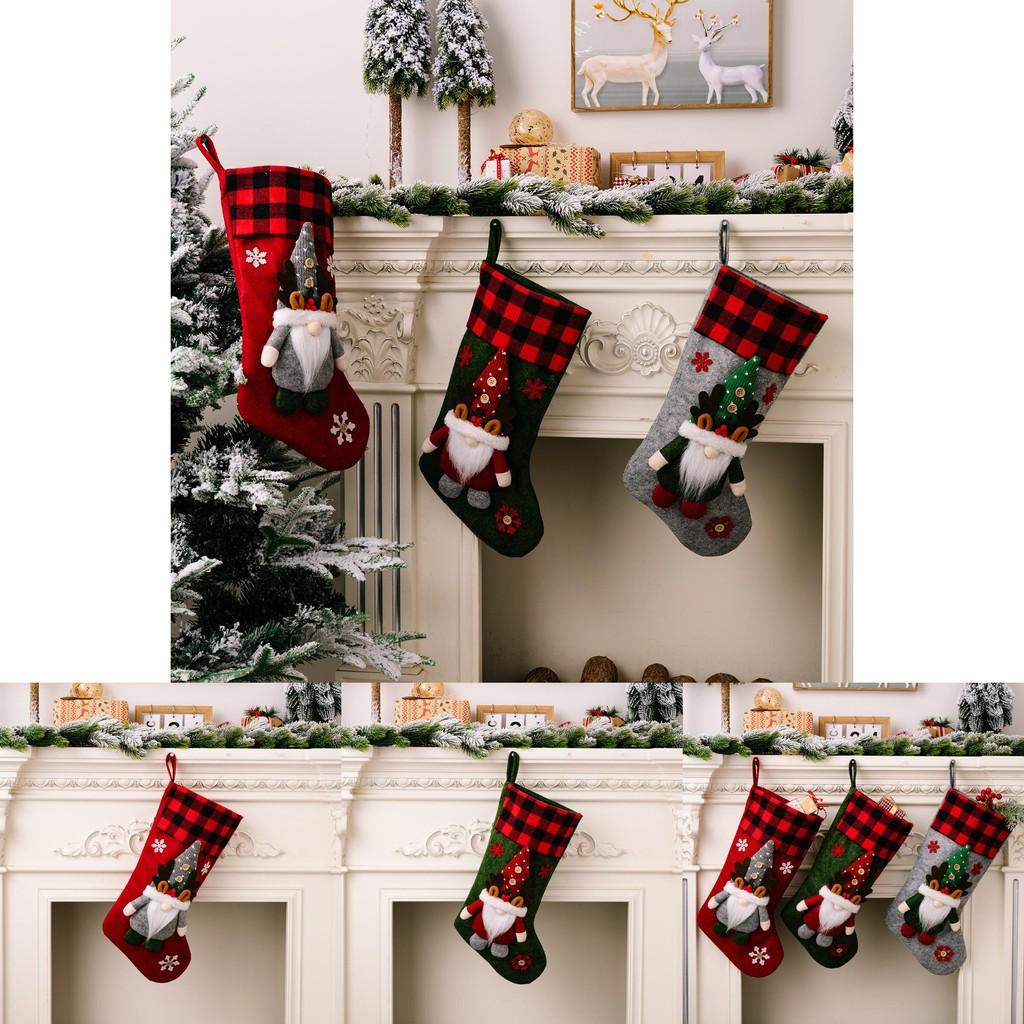 Cozy Fabric Christmas Stockings In Red Green And Gray With Snowflake Details