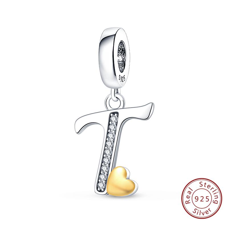 Classic Copper 26 Gold Color Heart Zircon Letter A-Z Charms Beads Fit Original Bracelets Diy Birthday Jewelry Gift