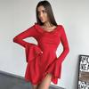 European & American Women's Solid Color Lace Flared Long Sleeve Slimming Dress