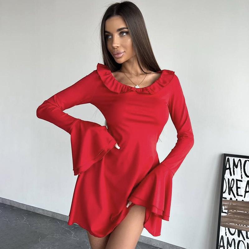 European & American Women's Solid Color Lace Flared Long Sleeve Slimming Dress