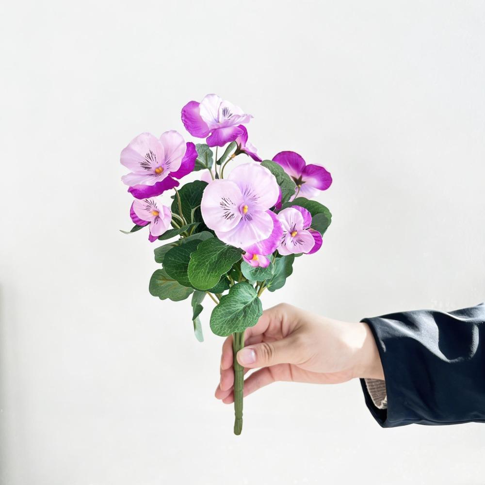 30cm Artificial Pansy Flowers Bouquet UV Resistant Five Fork Silk Fake Flowers Silk Tricolor Violet Artificial Green Plants