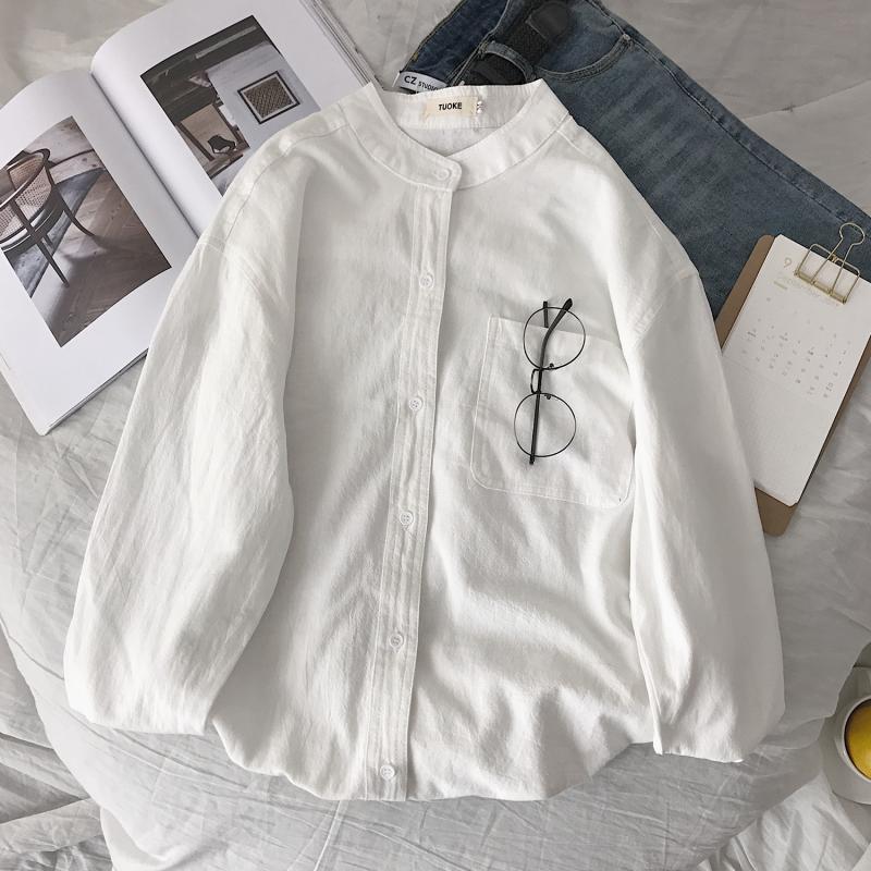 

Осенняя японская мужская и женская однотонная молодежная рубашка с длинными рукавами с воротником-стойкой, корейская версия, мужская повседневная рубашка, мужская блузка