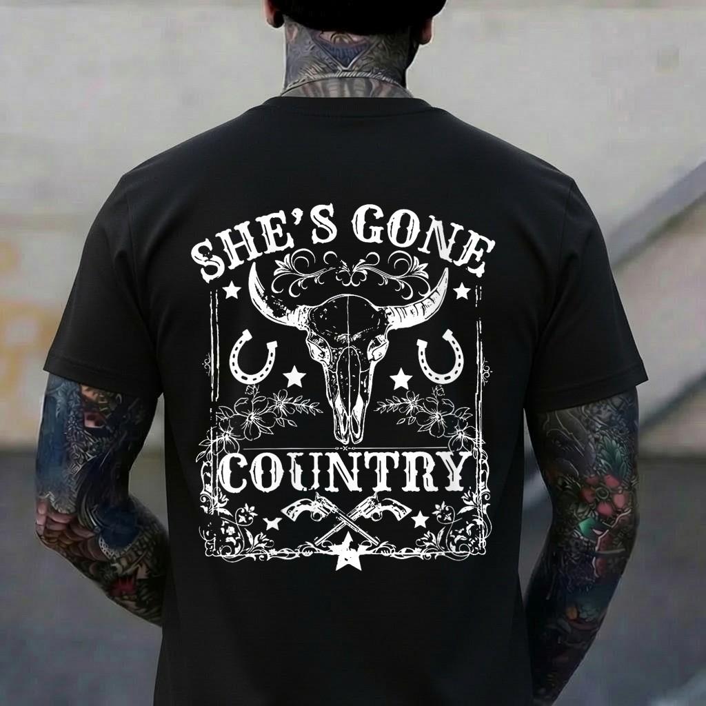 Womens She s Gone Country Music Howdy Rodeo Bull Skull Western V-Neck T-Shirt 4XL