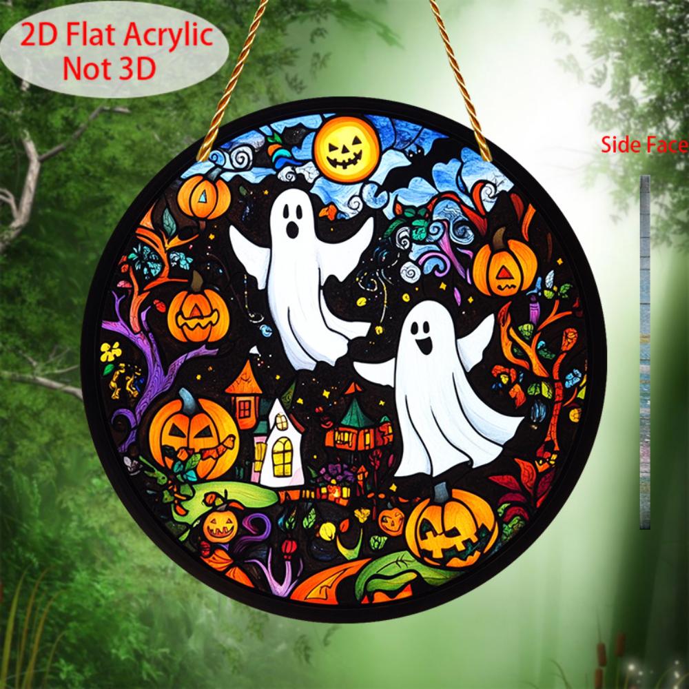 2D Flach Gruseliger Geist und Kürbis Acryl Halloween Sonnenfänger - 2D flaches Design mit kreisförmigen Hängedekorationen für Fenster, Veranden, Terrassen, Garten