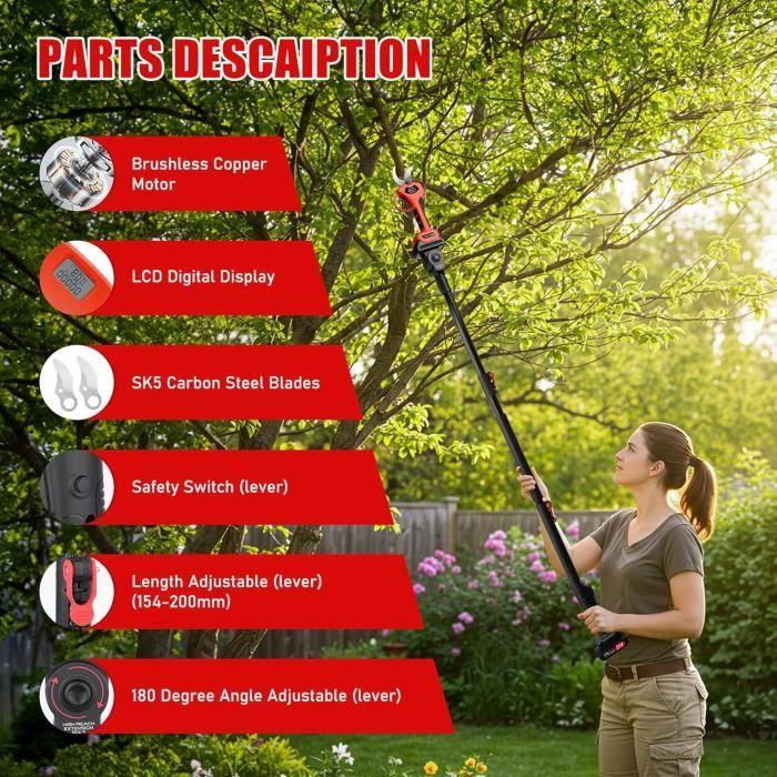 Sécateur Électrique - NUZEKY - Sans Fil - Perche Télescopique 2m - 21V - Lame Réglable 50mm