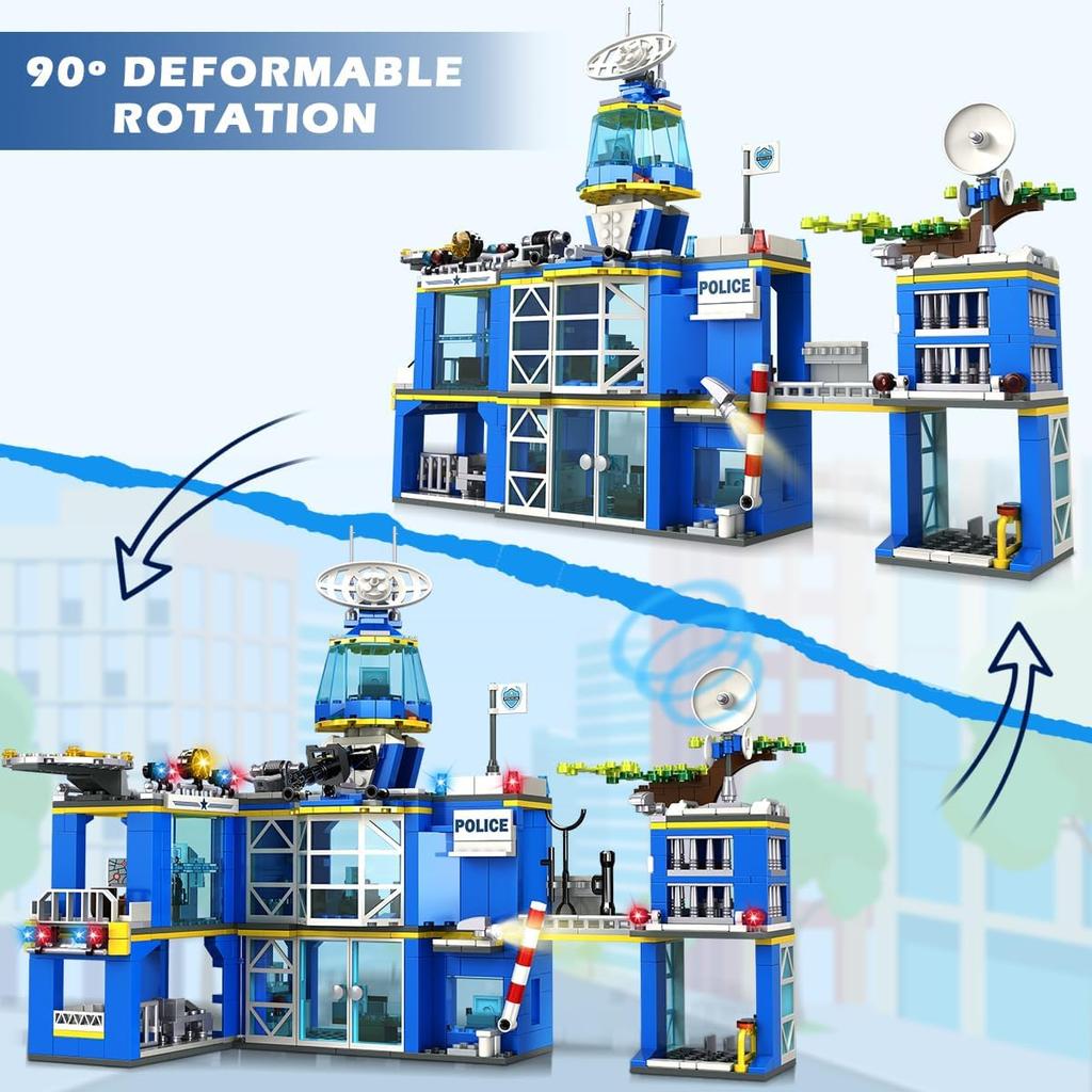 HOGOKIDS City Police Station Building Set - 1260 PCS Police Building Block Toys with Helicopter Motorcycle Police Vehicle Bandit Car, STEM Police