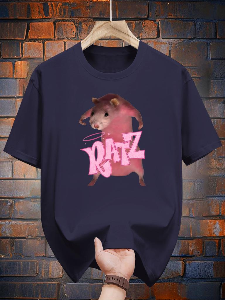 200g 100% Cotton Graphic T-shirt - White Casual Short Sleeve Tee with Pink Rat & Rats Print