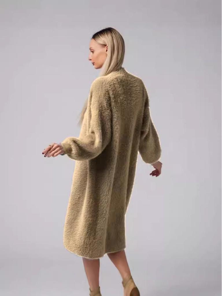 2024 Damen Herbst/Winter Strickjacke aus Faux-Nerz, Lockerer Midilanger Pullovermantel, Lässiger Stil