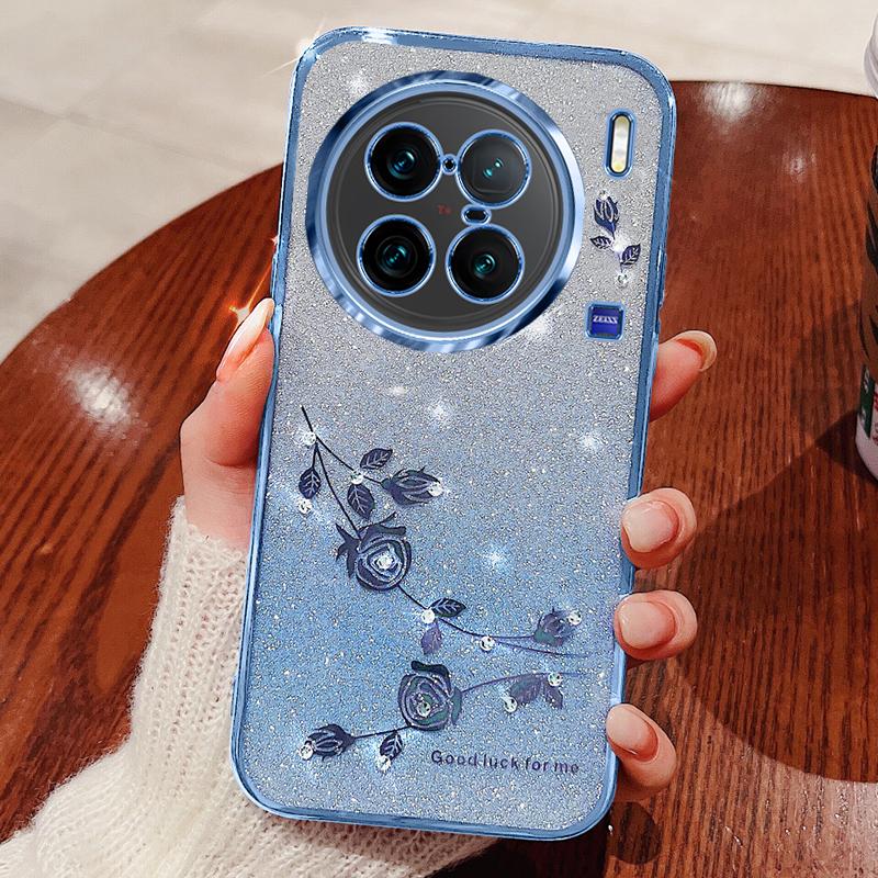 KADEM For vivo X90 Pro 5G Rhinestone Decor Flower Pattern Soft TPU Back Cover Gradient Glitter Powder Protective Case