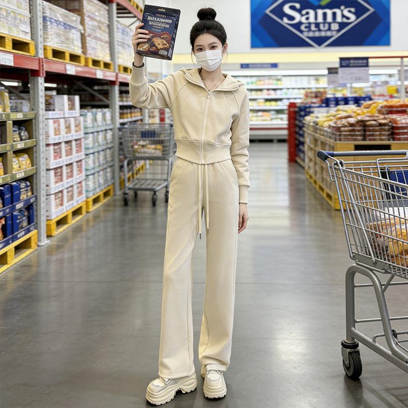 Korean Style Spring Women s Slimming Hooded Sweatshirt Wide-Leg Pants Set XXL
