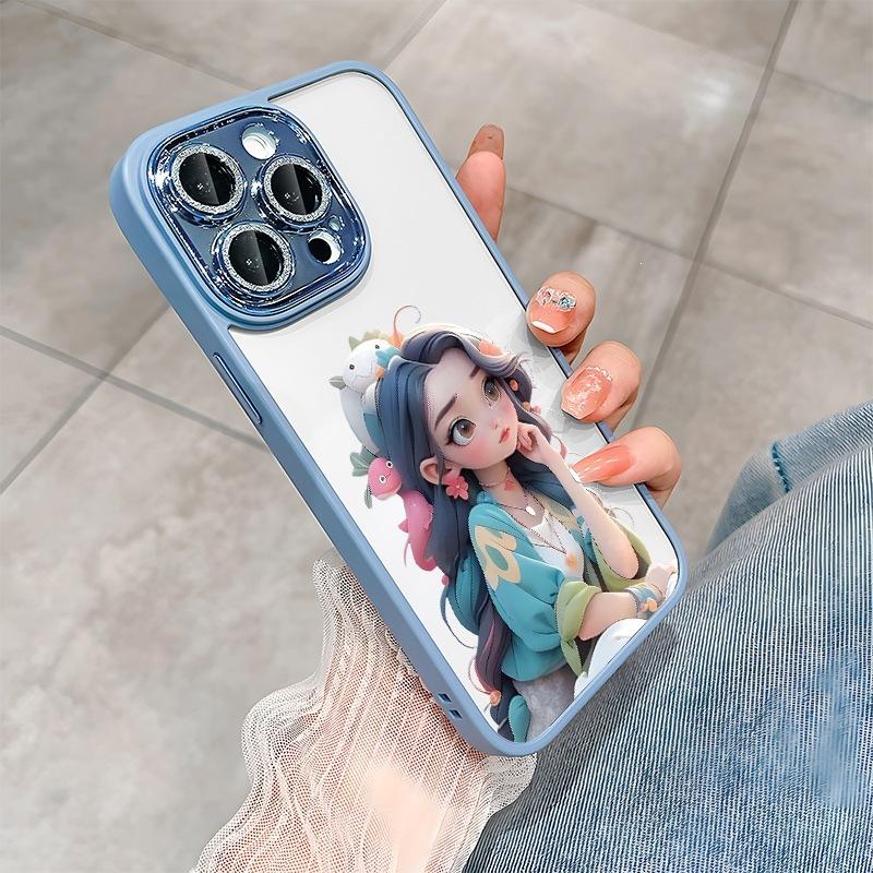 Blue-haired Girl Is Suitable for Apple 15 Mobile Phone Case 15Promax All-inclusive 14 with Flash Diamond Lens Film 13 Fairy Model.