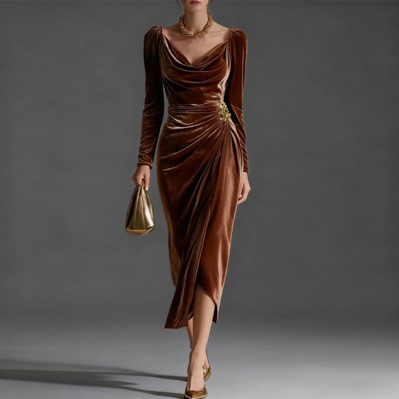 Womens Sexy Long Sleeve Slim Fit Pleated Maxi Dress Velvet Bodycon Split Party