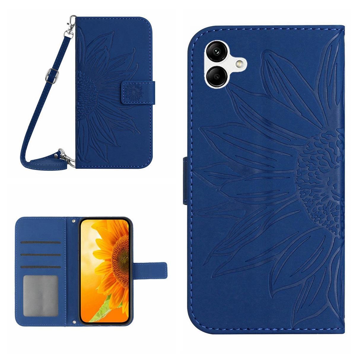 

HT04 For Samsung Galaxy A06 4G Case PU Leather Sunflower Imprint Phone Cover with Long Strap Sapphire