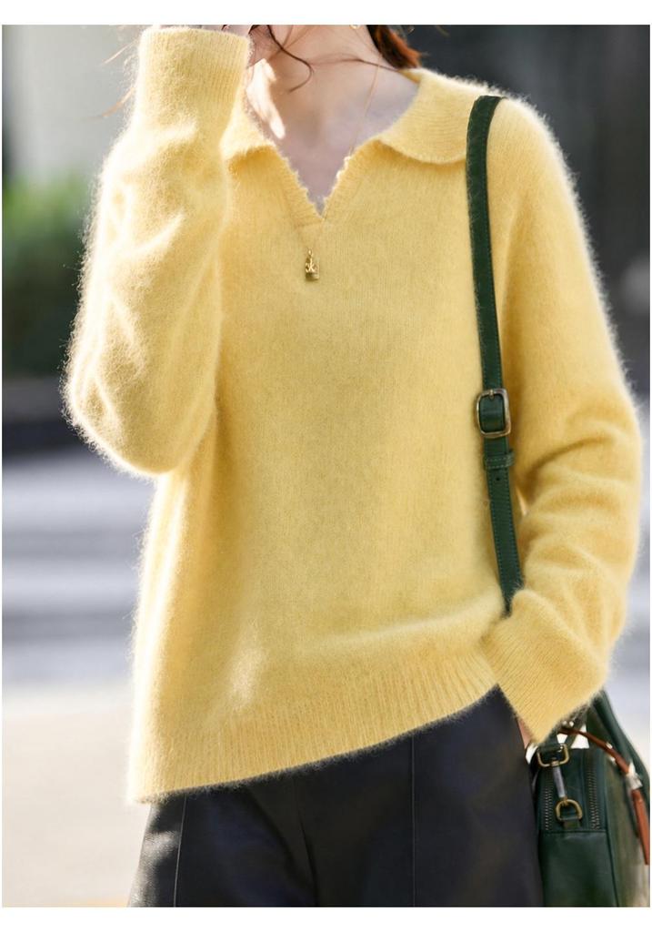 2026 A/W Women's Cashmere Wool Lapel Knit Sweater - Soft Brushed Solid Color, Long Sleeve