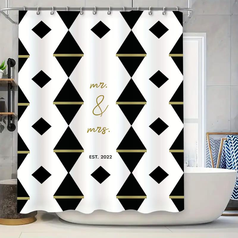 

Modern Black White Shower Curtain with Gold Decor: Personalized Mr Mrs Bath Rug for Wedding Anniversary Gift Ideas Fashion Home 90x180cm