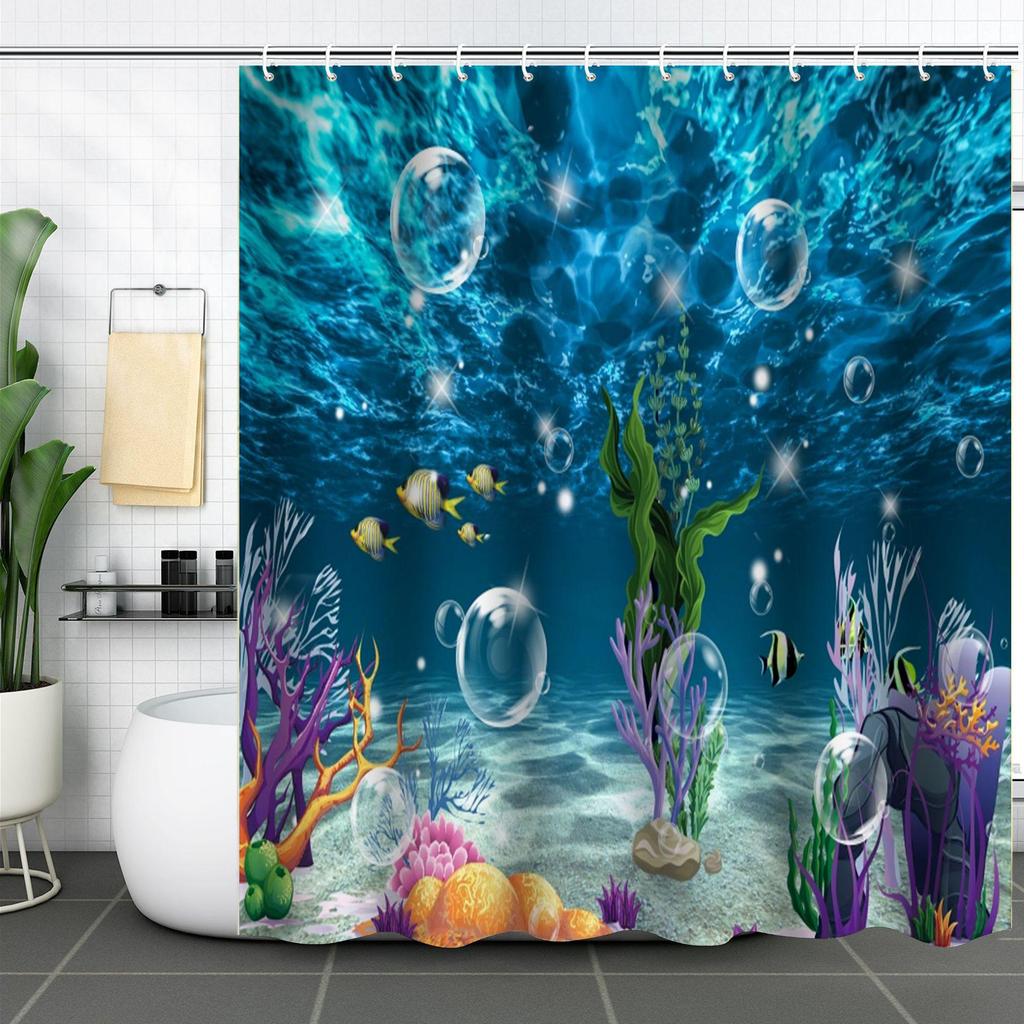 Coastal Marine Shower Curtain: Dolphin, Starfish, Seahorse, Seashell, Sea Turtle - Moisture-Proof, Mildew-Resistant, Waterproof, Beach Bathroom Décor