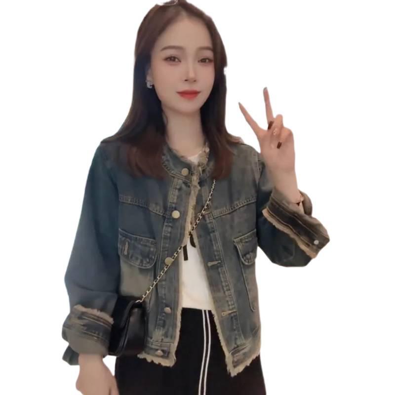 Damen Retro Jeansjacke mit Stehkragen - Gewaschen, Lockere Passform, Ausgefranstes Design für Frühling & Herbst