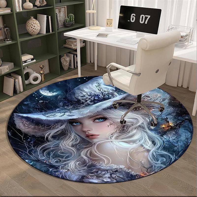 Witch Flying Through Starry Sky Round Carpet Chair Cushion Round Entryway Rug, Soft Round Rugs for Living Room, Bedroom, Circle Carpet Decor Gifts