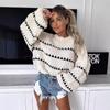 Women Autumn Winter Contrasting Crochet Knitted Sweater Casual O Neck Lantern Long Sleeves Loose Pullover Chic Lady Street Tops