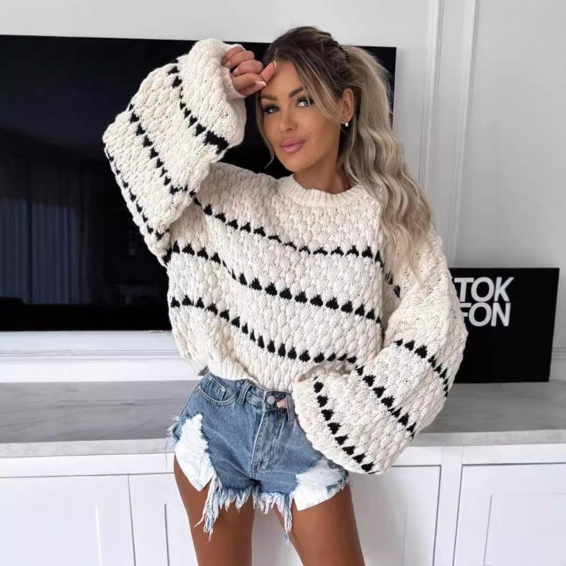 Women Autumn Winter Contrasting Crochet Knitted Sweater Casual O Neck Lantern Long Sleeves Loose Pullover Chic Lady Street Tops
