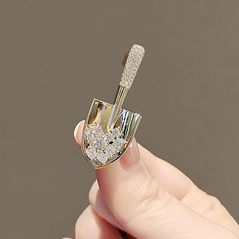 2Pcs Women Girls Elegant Gold Color Crystal Shovel Brooches Pins Classic Small Size Creative Badges Corsage Party Wedding Buckle