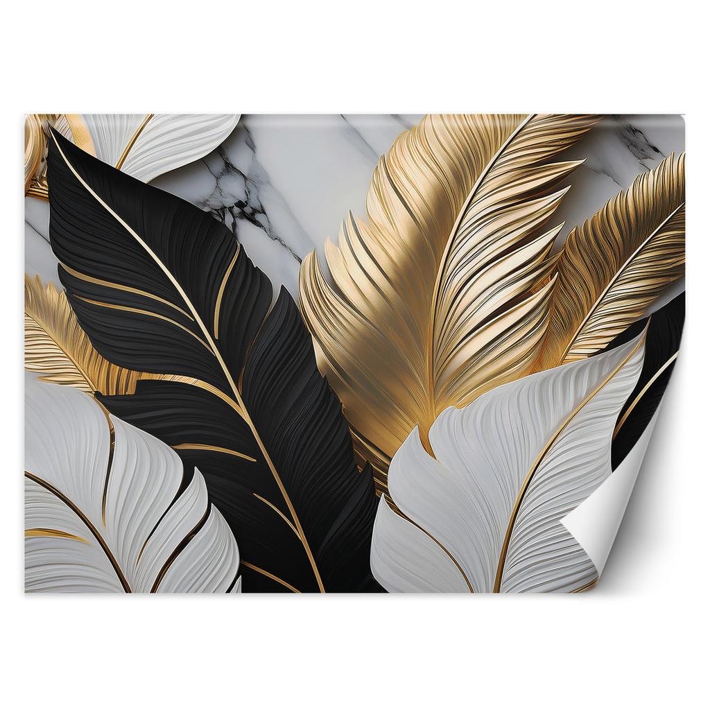 Wallpaper gold leaves black and white on marble background